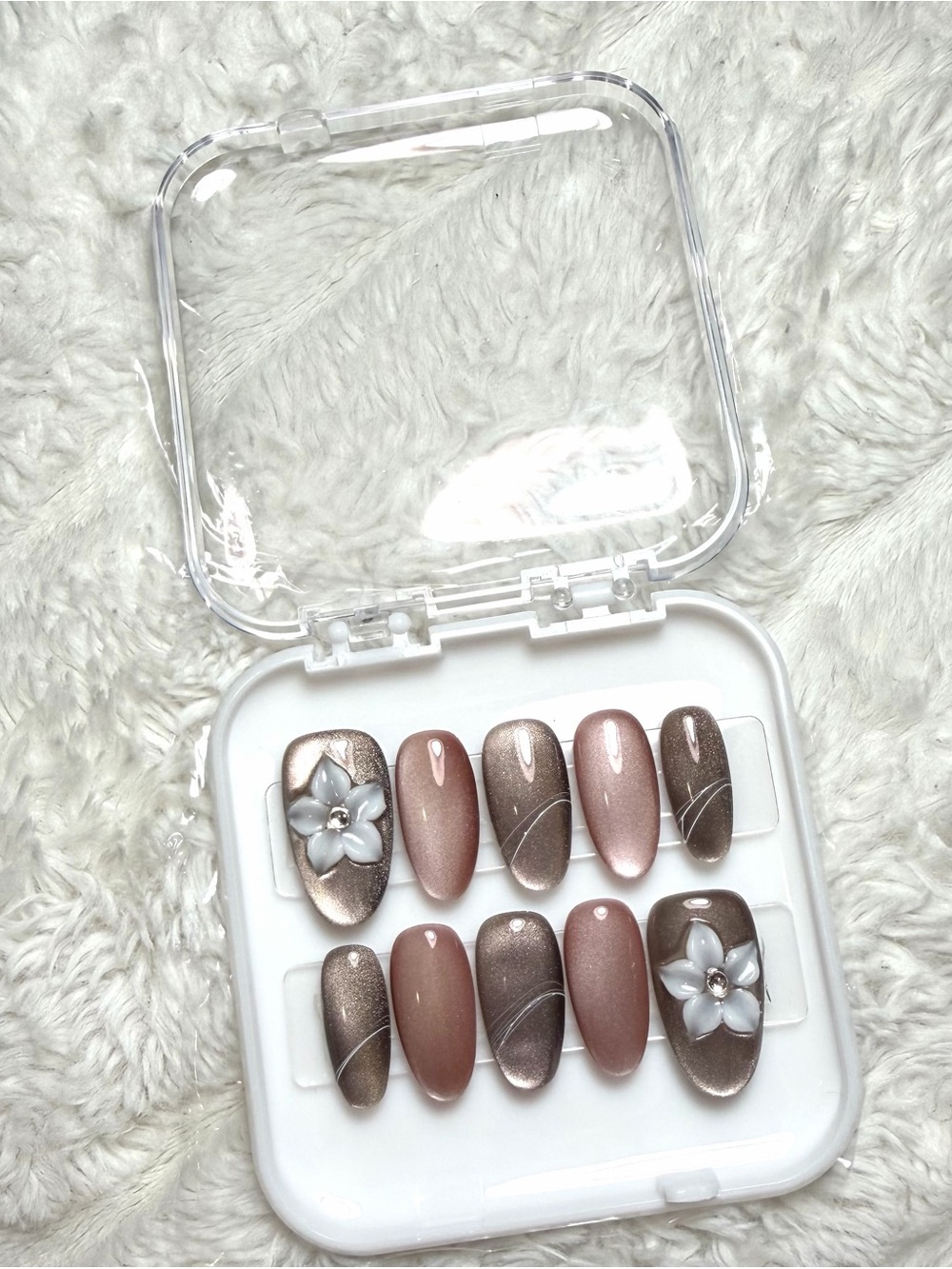 LARGE Neutral Blush Cats Eye Press-On Nail Set with Floral Accent